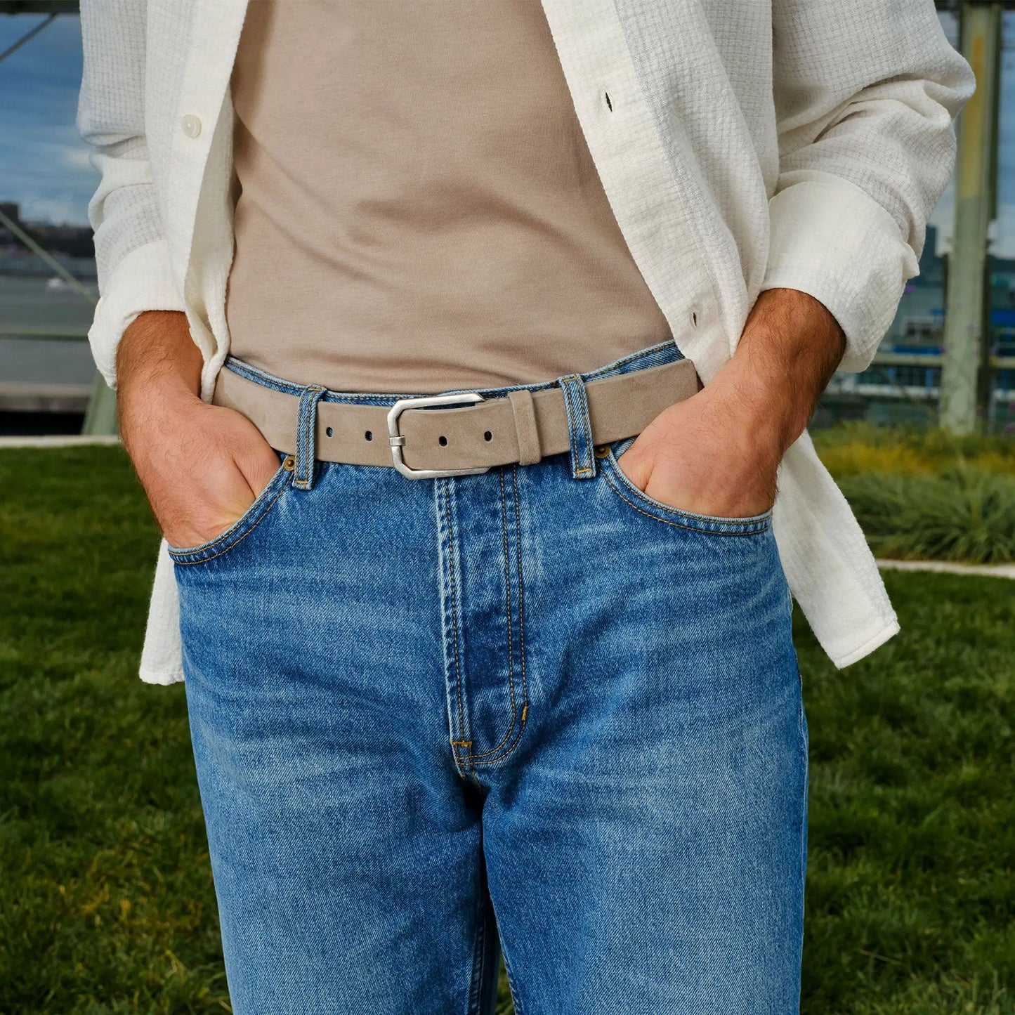 Taupe Suede Beveled Buckle Belt - To Boot New York