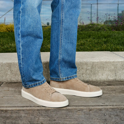 James Taupe Suede Stretch Lace Luxury Low-Top Sneaker - To Boot New York