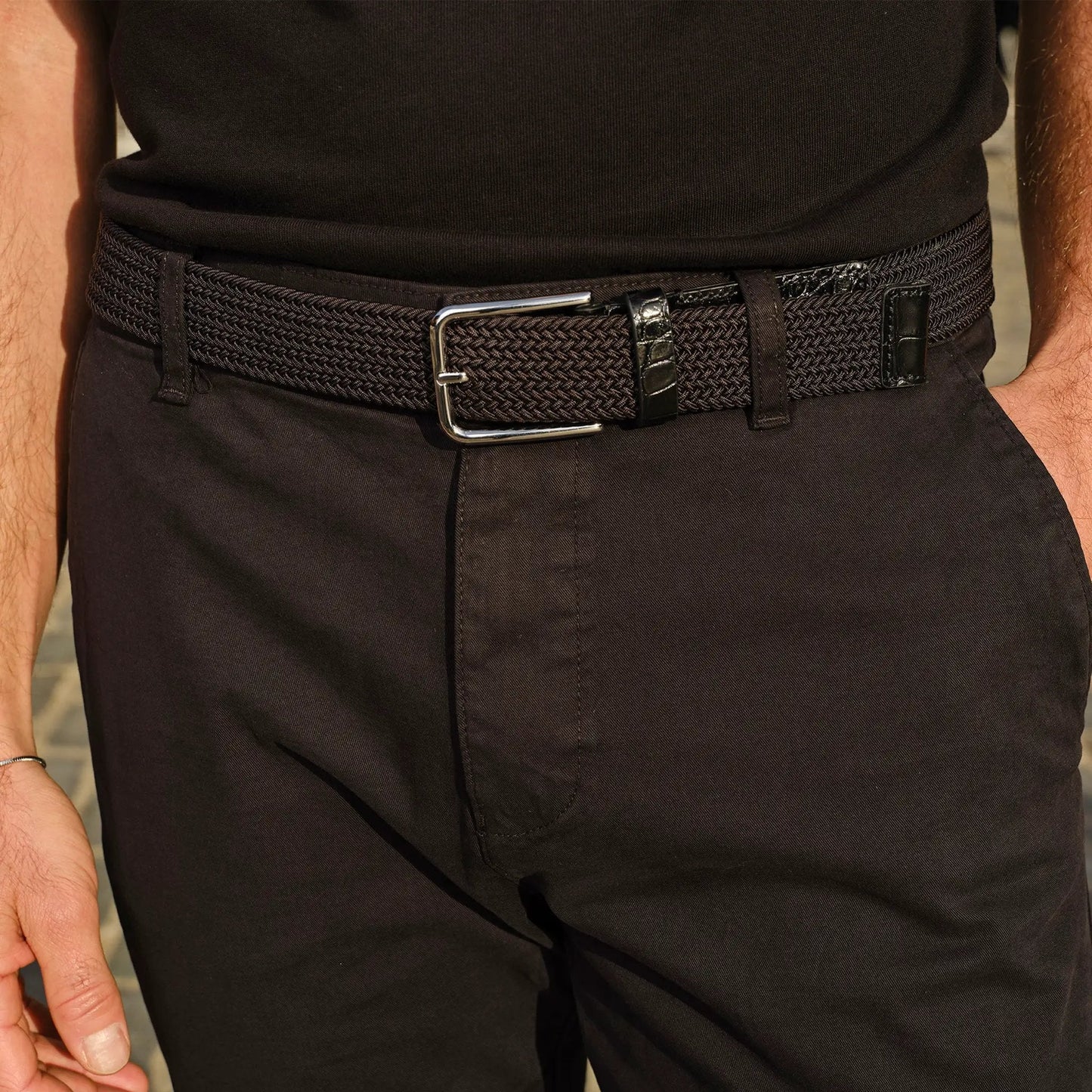 Black Elastic Belt with Black Croc-Embossed Leather Details - To Boot New York