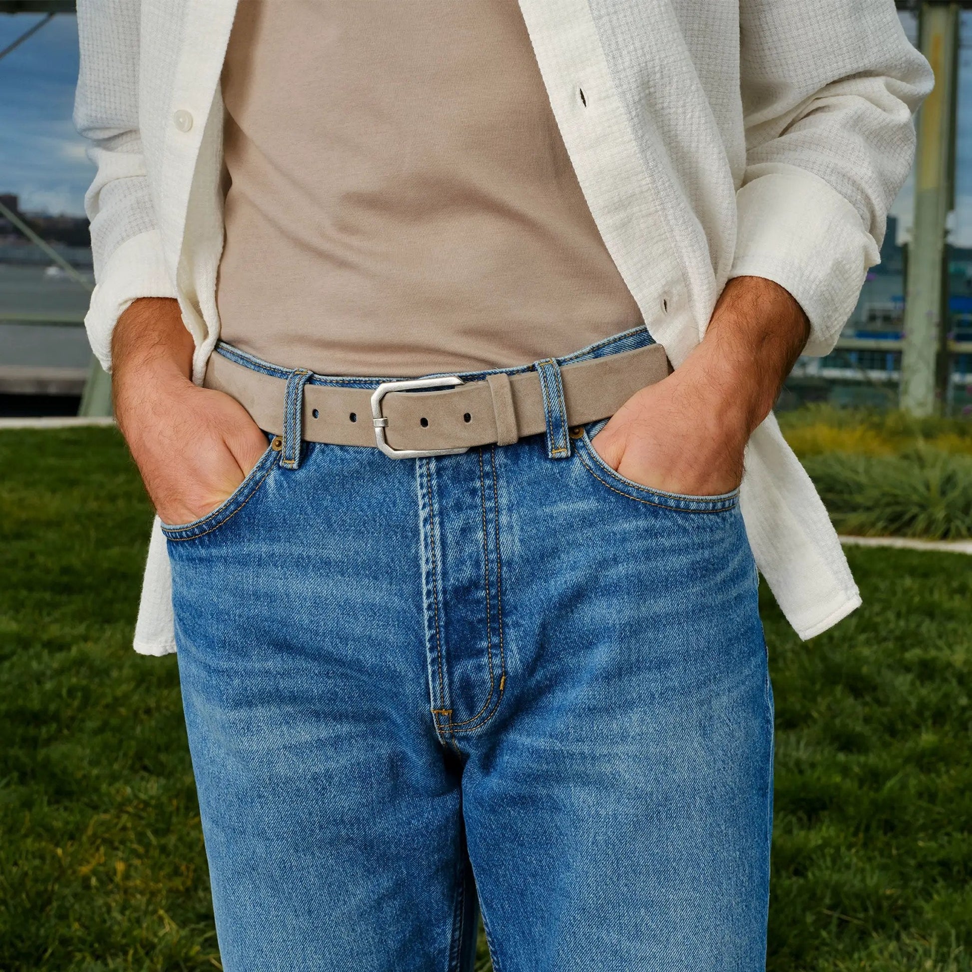 Taupe Suede Beveled Buckle Belt - To Boot New York